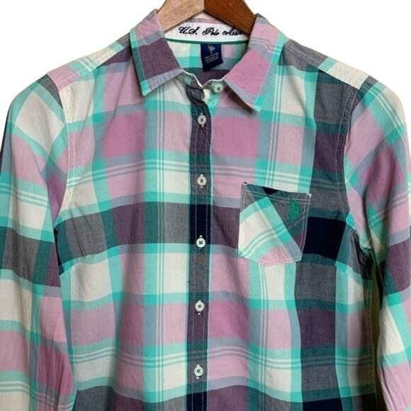 U.S. Polo Assn. Blouse Purple Green Black Plaid Button Down Shirt Casual Small - Picture 2 of 12
